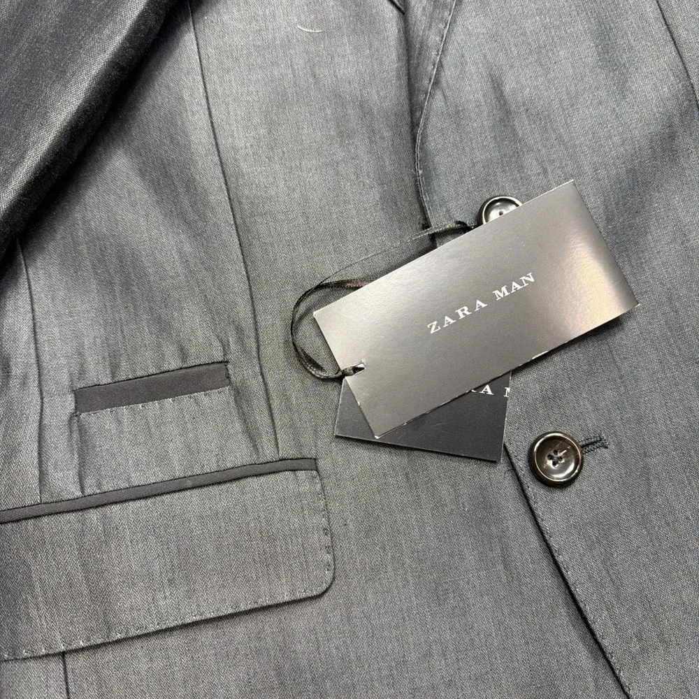 ZARA Men's Sport Coat Blazer 36 Gray 2 Button Slim Fit Modern Wedding Office New